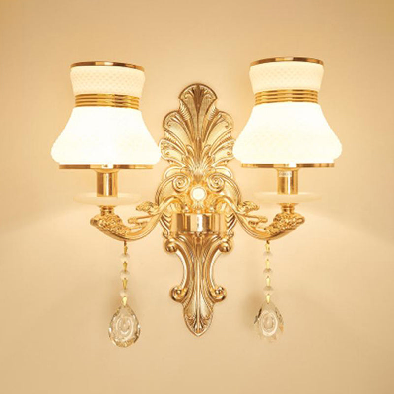 Antique Gold Glass Wall Light With Flower Texture And Crystal Accent For Living Room 2 / E