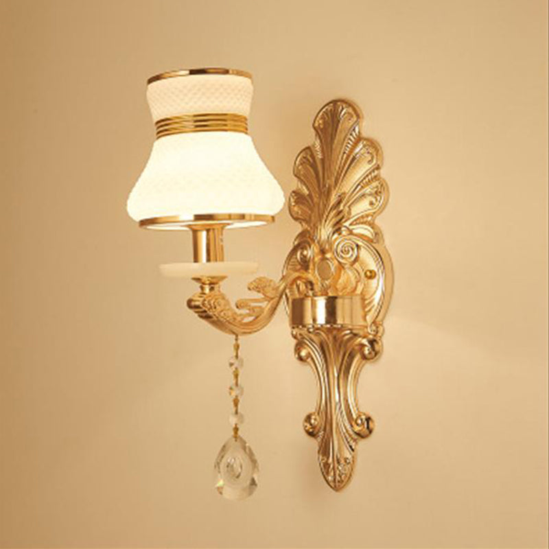 Antique Gold Glass Wall Light With Flower Texture And Crystal Accent For Living Room 1 / E