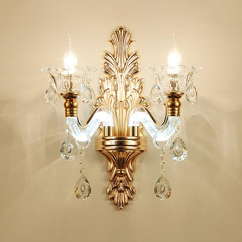 Antique Gold Glass Wall Light With Flower Texture And Crystal Accent For Living Room