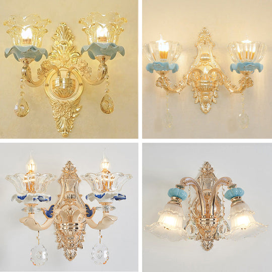 Retro Glass Gold Ruffle Flower Wall Mount Light With Crystal Draping