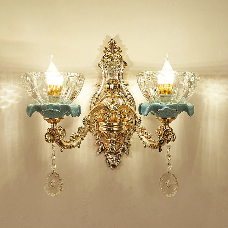 Retro Glass Gold Ruffle Flower Wall Mount Light With Crystal Draping 2 / B