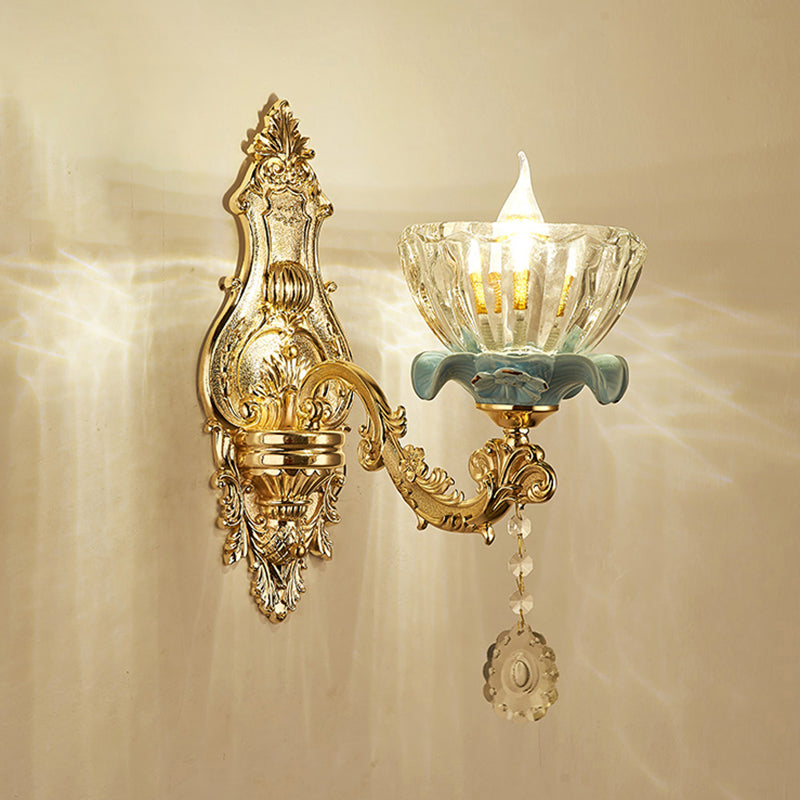 Retro Glass Gold Ruffle Flower Wall Mount Light With Crystal Draping 1 / B