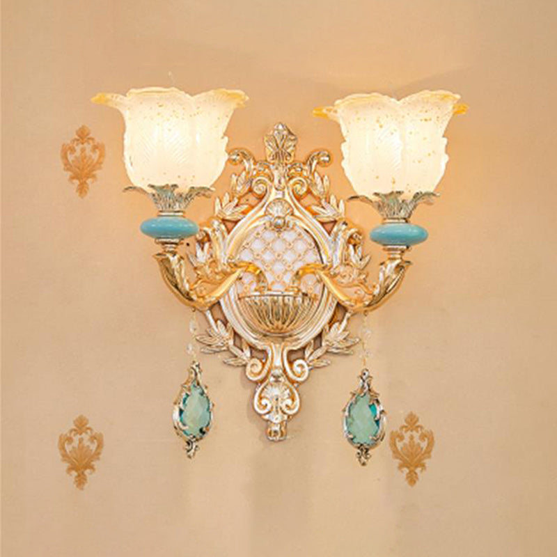 Retro Glass Gold Ruffle Flower Wall Mount Light With Crystal Draping 2 / C