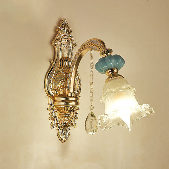 Retro Glass Gold Ruffle Flower Wall Mount Light With Crystal Draping 1 / D