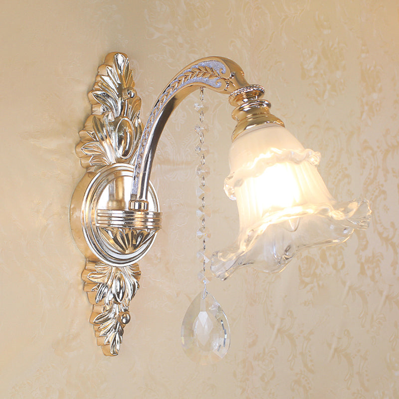 Gold Floral Wall Lamp - Retro Style Frosted Glass Light Fixture With Crystal Accent Perfect For