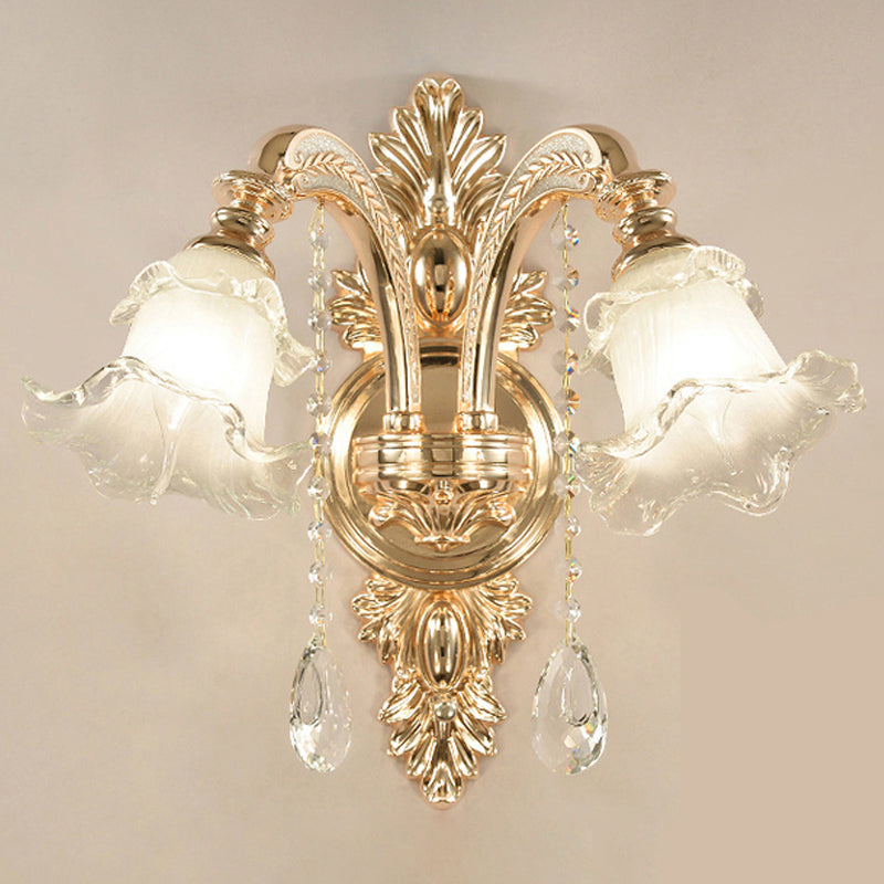 Gold Floral Wall Lamp - Retro Style Frosted Glass Light Fixture With Crystal Accent Perfect For