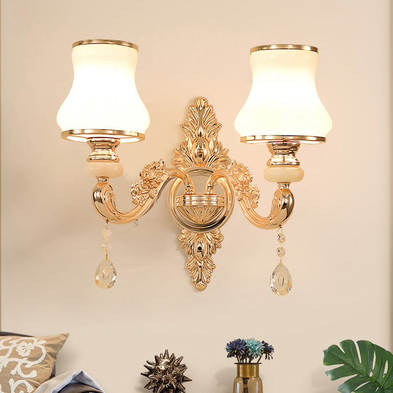 Gold Floral Wall Lamp - Retro Style Frosted Glass Light Fixture With Crystal Accent Perfect For