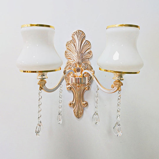 Gold Floral Wall Lamp - Retro Style Frosted Glass Light Fixture With Crystal Accent Perfect For