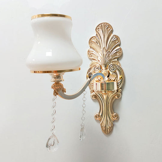 Gold Floral Wall Lamp - Retro Style Frosted Glass Light Fixture With Crystal Accent Perfect For