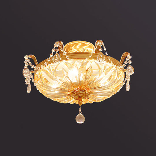 Antique Gold Crystal Flush Mount Ceiling Light With Elegant Draping