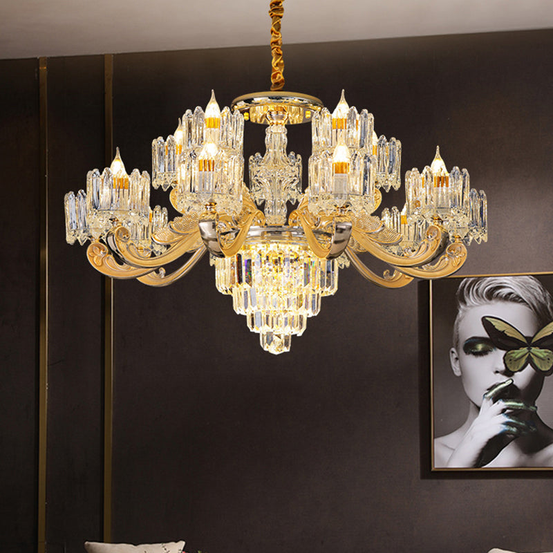 Retro Clear Glass Gold Pendant Chandelier With Crystal Decor - Cylindrical Living Room Light