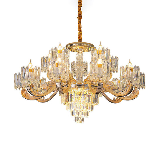 Retro Clear Glass Gold Pendant Chandelier With Crystal Decor - Cylindrical Living Room Light