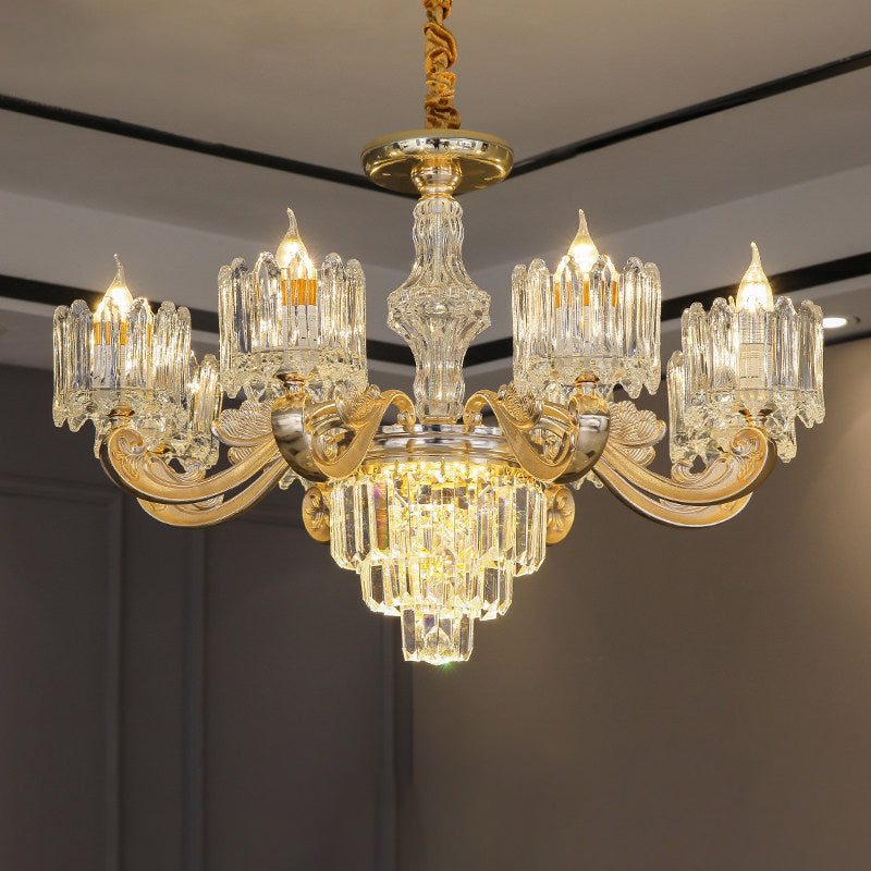 Retro Clear Glass Gold Pendant Chandelier With Crystal Decor - Cylindrical Living Room Light