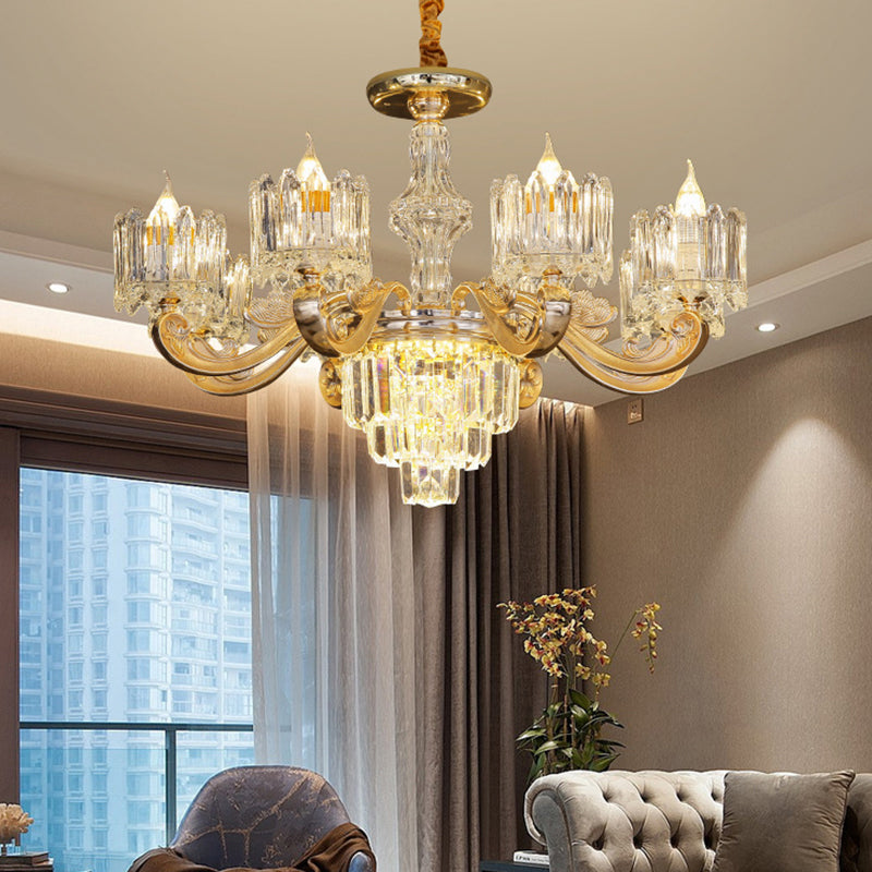 Retro Clear Glass Gold Pendant Chandelier With Crystal Decor - Cylindrical Living Room Light