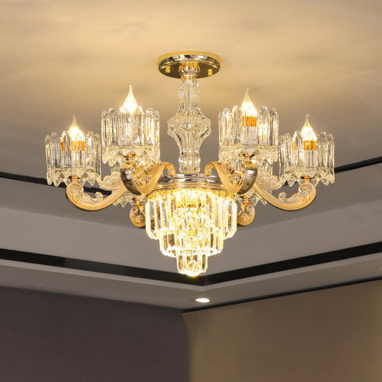 Retro Clear Glass Gold Pendant Chandelier With Crystal Decor - Cylindrical Living Room Light