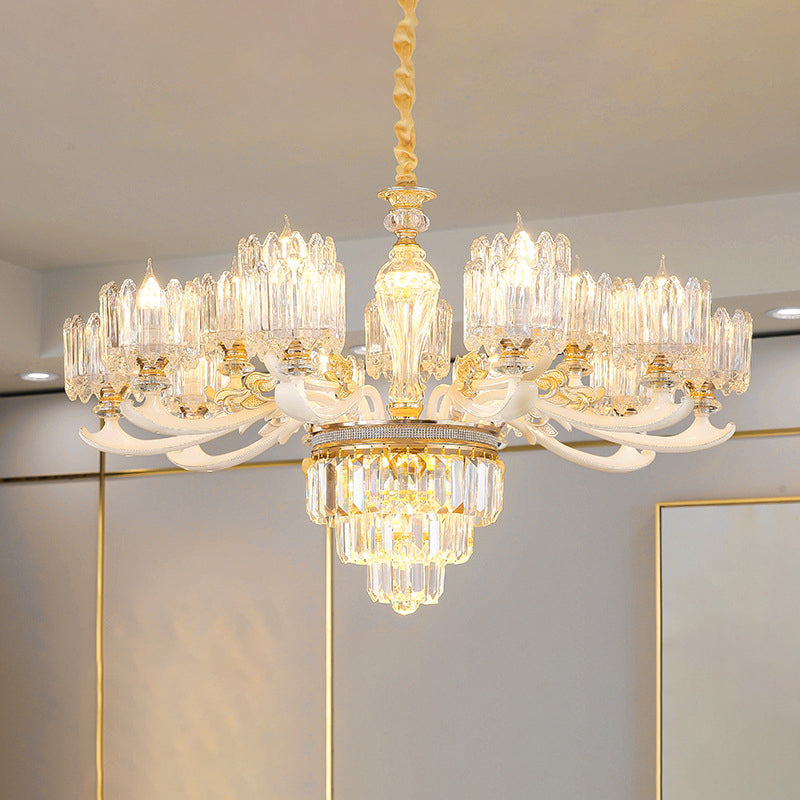 Retro Clear Glass Gold Pendant Chandelier With Crystal Decor - Cylindrical Living Room Light