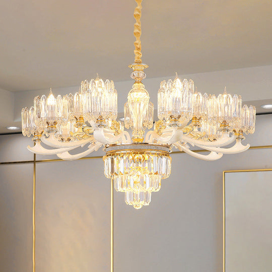 Retro Clear Glass Gold Pendant Chandelier With Crystal Decor - Cylindrical Living Room Light