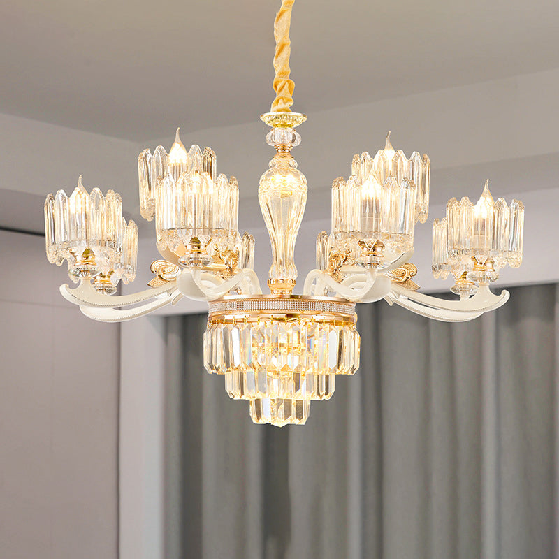 Retro Clear Glass Gold Pendant Chandelier With Crystal Decor - Cylindrical Living Room Light