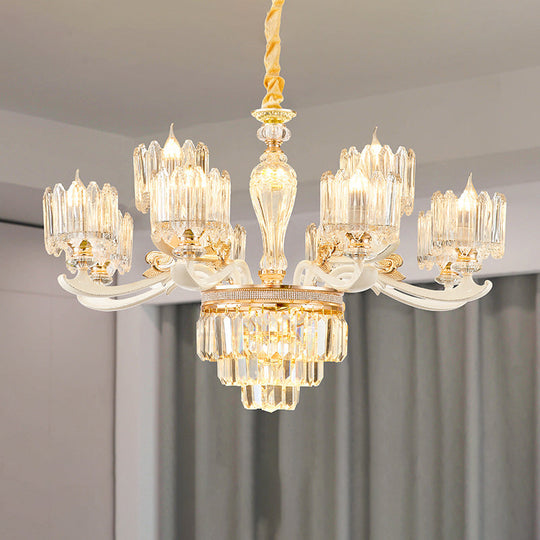 Retro Clear Glass Gold Pendant Chandelier With Crystal Decor - Cylindrical Living Room Light