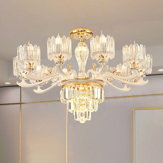 Retro Clear Glass Gold Pendant Chandelier With Crystal Decor - Cylindrical Living Room Light