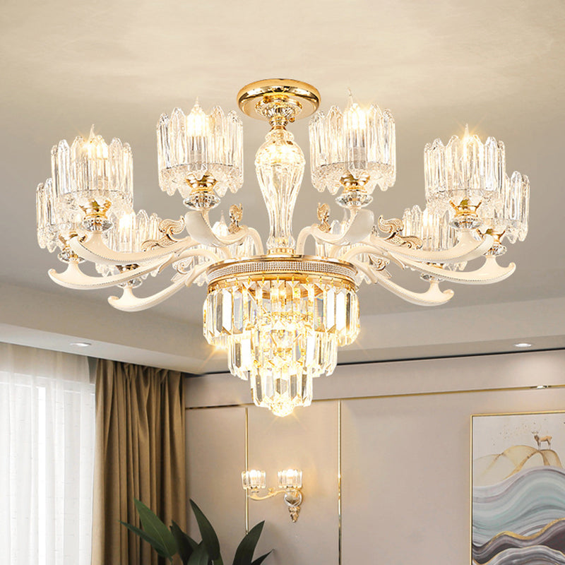 Retro Clear Glass Gold Pendant Chandelier With Crystal Decor - Cylindrical Living Room Light