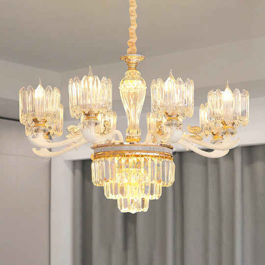 Retro Clear Glass Gold Pendant Chandelier With Crystal Decor - Cylindrical Living Room Light