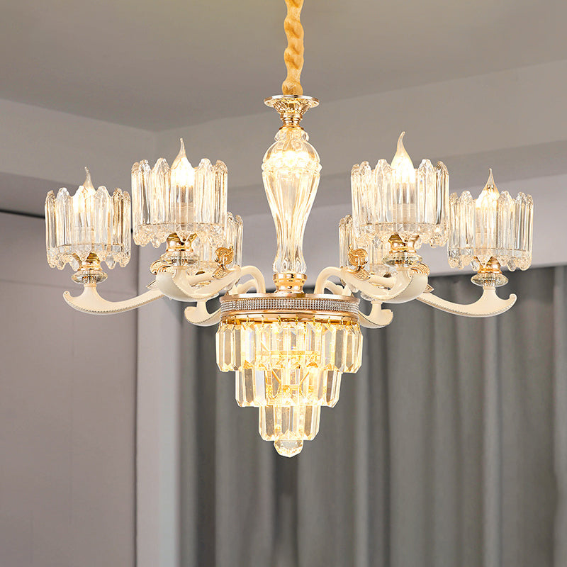 Retro Clear Glass Gold Pendant Chandelier With Crystal Decor - Cylindrical Living Room Light