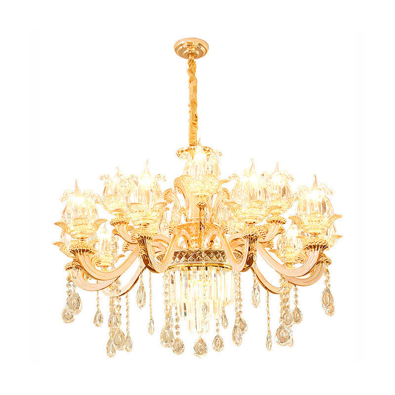 Retro Style Handblown Glass Flower Chandelier With Tiered Crystal Decor - Gold Suspension Light For