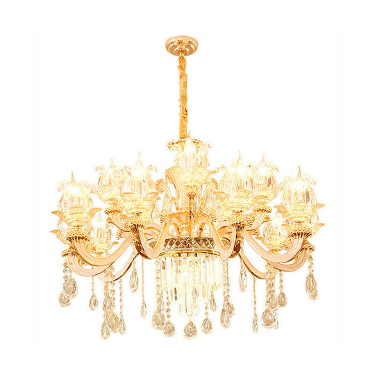 Retro Style Handblown Glass Flower Chandelier With Tiered Crystal Decor - Gold Suspension Light For