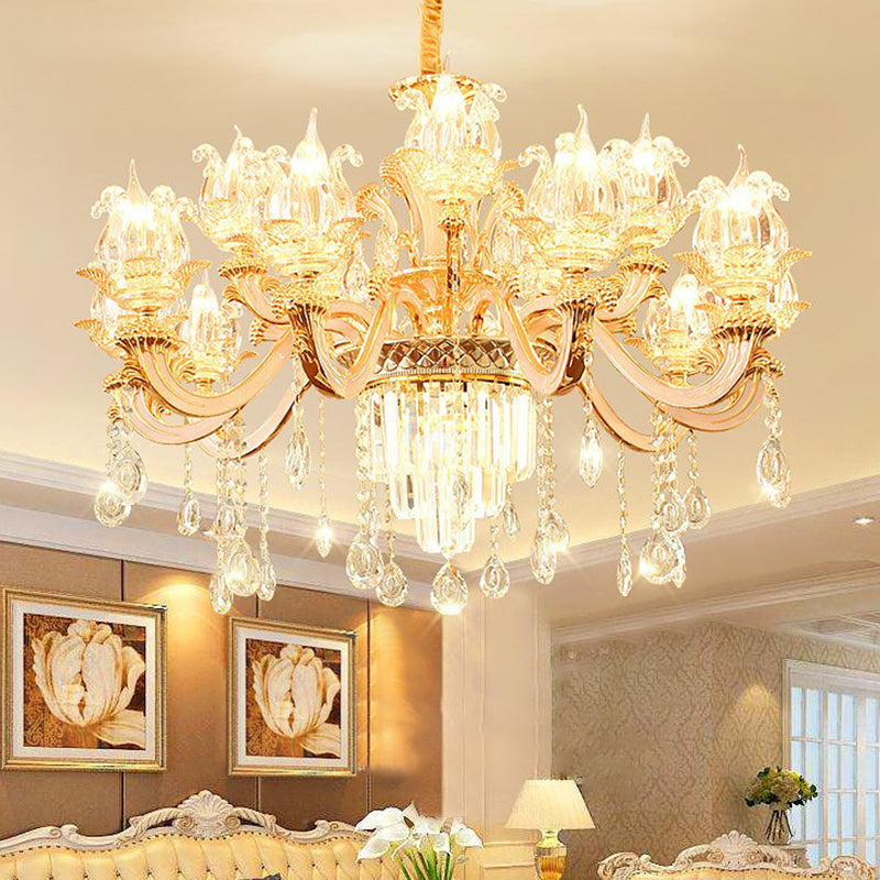 Retro Style Handblown Glass Flower Chandelier With Tiered Crystal Decor - Gold Suspension Light For