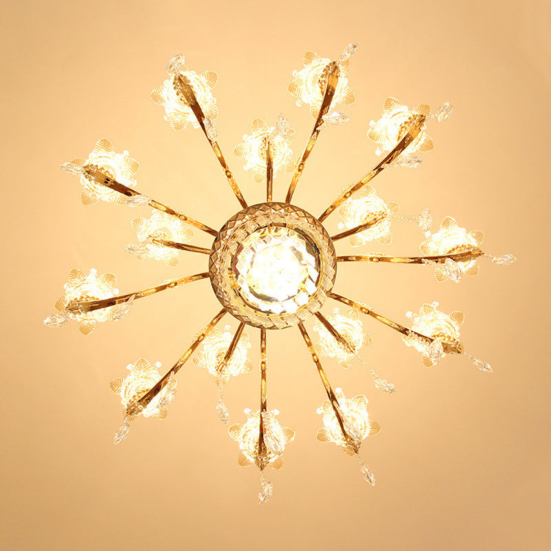 Retro Style Handblown Glass Flower Chandelier With Tiered Crystal Decor - Gold Suspension Light For