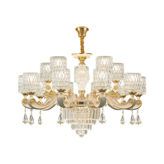 Vintage Cylinder Ripple Glass Chandelier Pendant Light With Crystal Draping In White - Ideal For