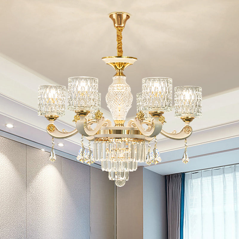 Vintage Cylinder Ripple Glass Chandelier Pendant Light With Crystal Draping In White - Ideal For