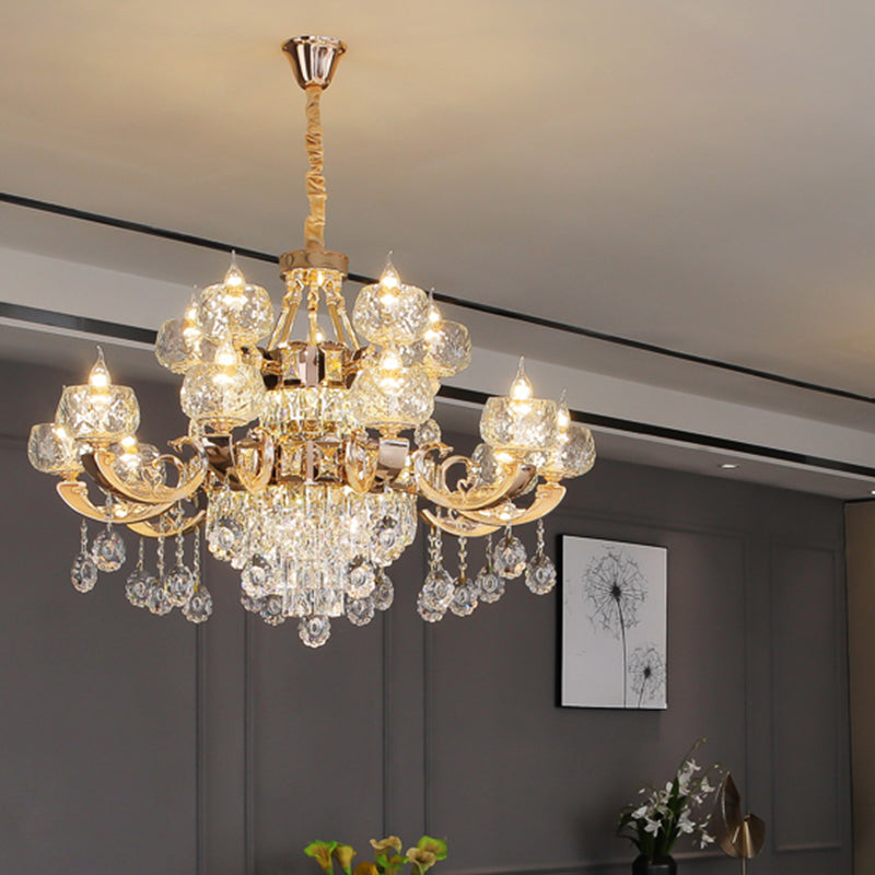 Gold Chandelier With Crystal Draping - Oblate Pendant Light Faceted Glass Design | Classic Lighting