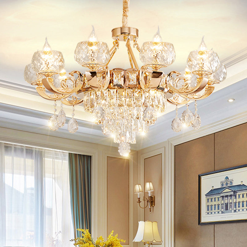 Gold Chandelier With Crystal Draping - Oblate Pendant Light Faceted Glass Design | Classic Lighting