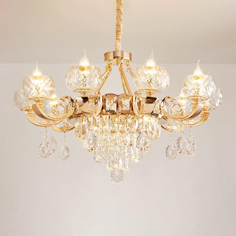 Gold Chandelier With Crystal Draping - Oblate Pendant Light Faceted Glass Design | Classic Lighting