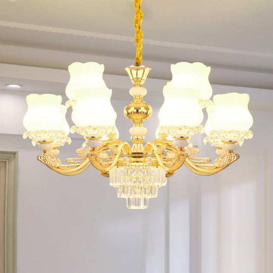 Retro Opal Glass Bud Pendant Light With Crystal Decor - Gold Chandelier Fixture 12 /