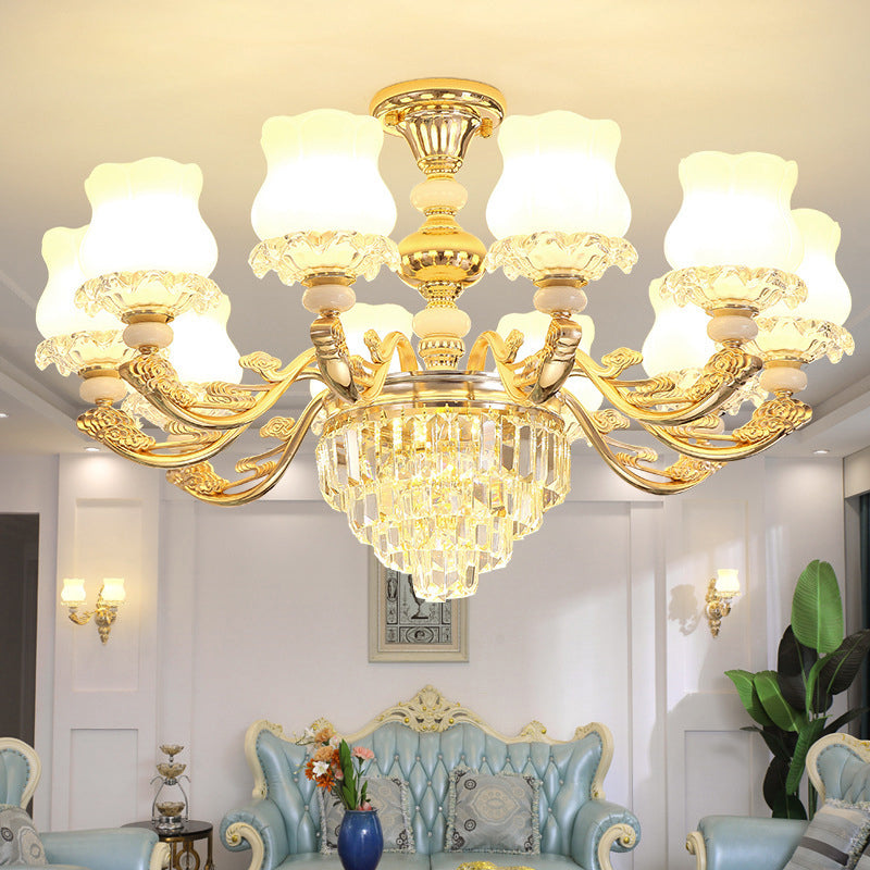 Retro Opal Glass Bud Pendant Light With Crystal Decor - Gold Chandelier Fixture