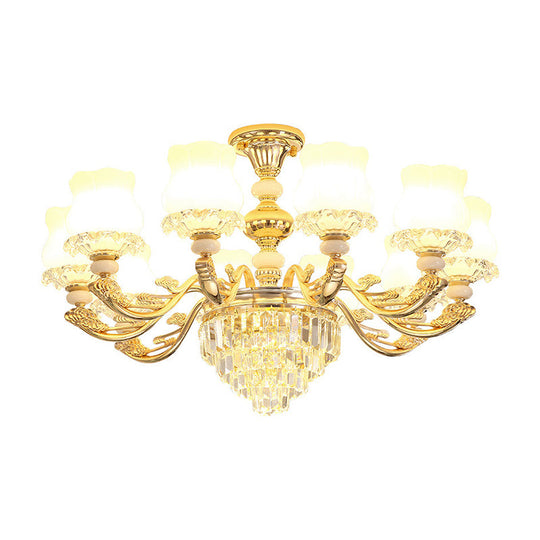 Retro Opal Glass Bud Pendant Light With Crystal Decor - Gold Chandelier Fixture