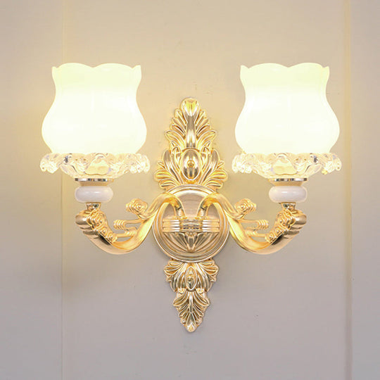 Retro Opal Glass Bud Pendant Light With Crystal Decor - Gold Chandelier Fixture