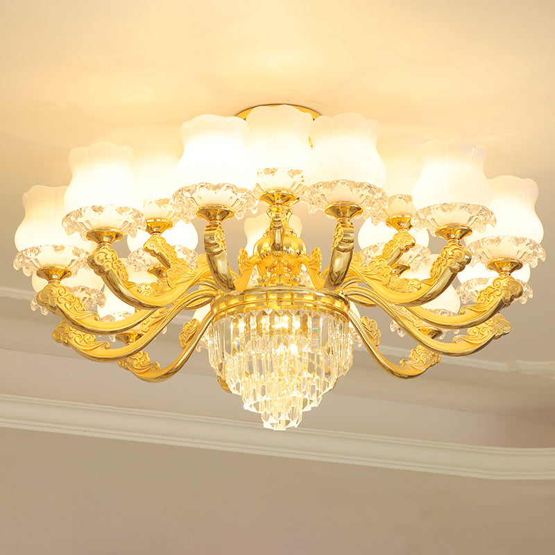 Retro Style Gold Chandelier With Cream Glass & Layered Crystal Accents - Bud Suspension Light