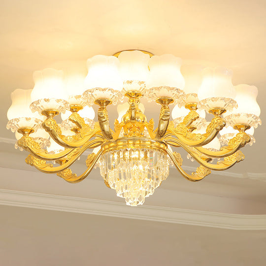 Retro Style Gold Chandelier With Cream Glass & Layered Crystal Accents - Bud Suspension Light 18 /