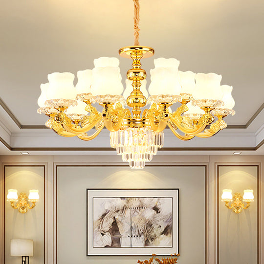 Retro Style Gold Chandelier With Cream Glass & Layered Crystal Accents - Bud Suspension Light