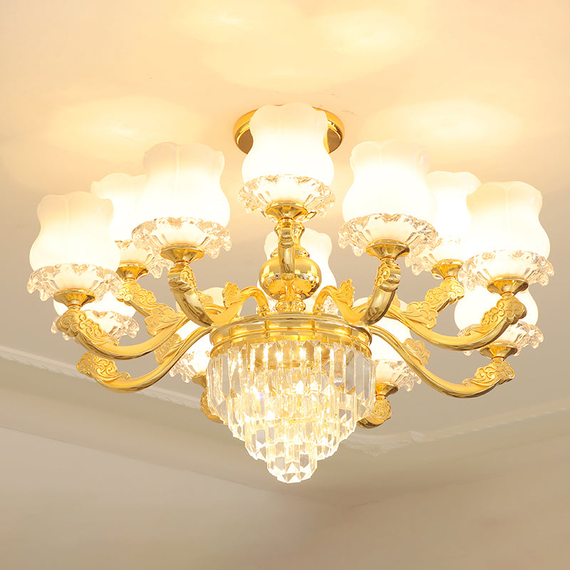 Retro Style Gold Chandelier With Cream Glass & Layered Crystal Accents - Bud Suspension Light