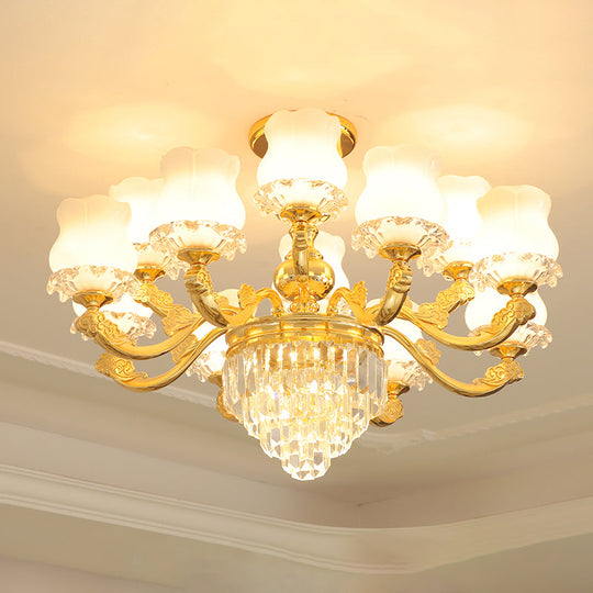 Retro Style Gold Chandelier With Cream Glass & Layered Crystal Accents - Bud Suspension Light