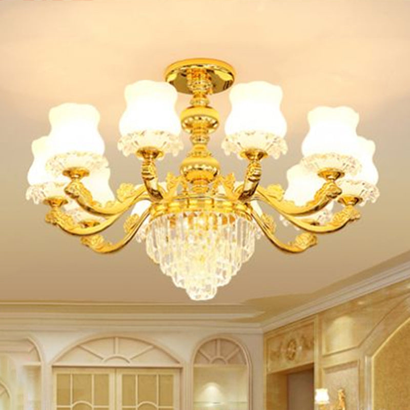 Retro Style Gold Chandelier With Cream Glass & Layered Crystal Accents - Bud Suspension Light 10 /