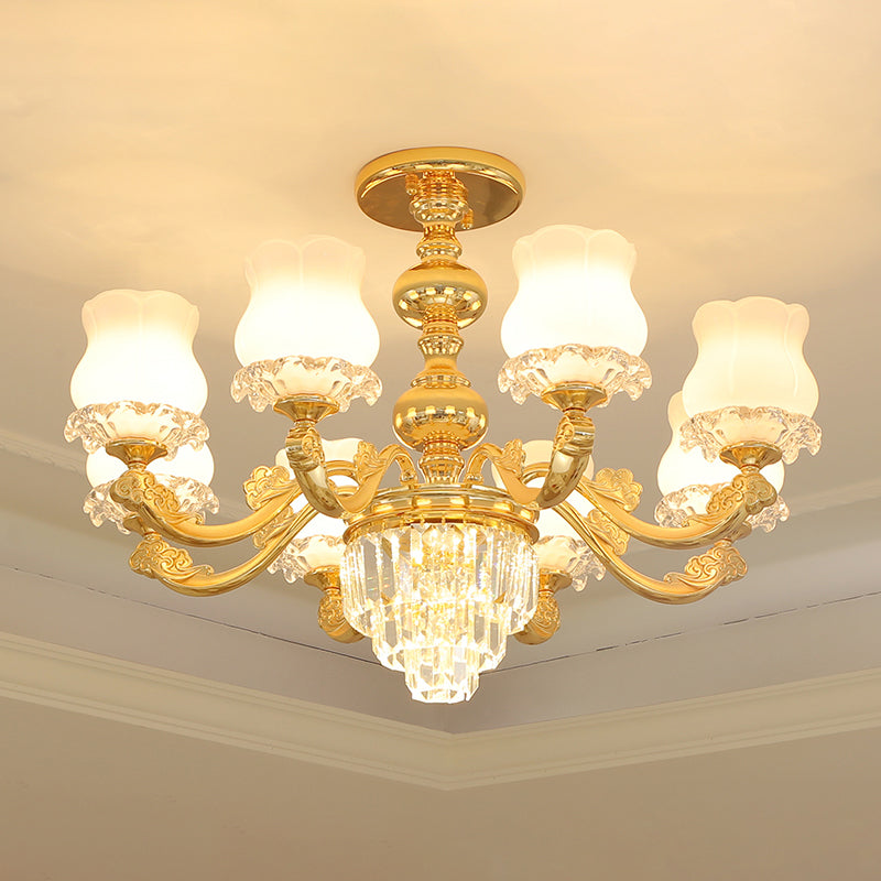 Retro Style Gold Chandelier With Cream Glass & Layered Crystal Accents - Bud Suspension Light