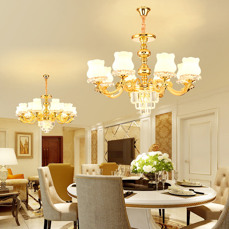 Retro Style Gold Chandelier With Cream Glass & Layered Crystal Accents - Bud Suspension Light