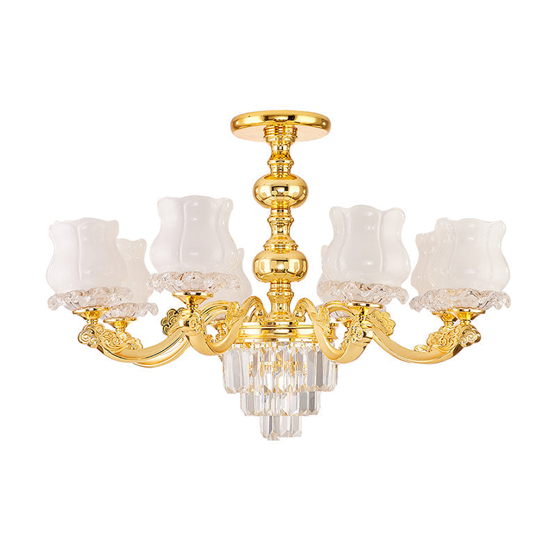 Retro Style Gold Chandelier With Cream Glass & Layered Crystal Accents - Bud Suspension Light