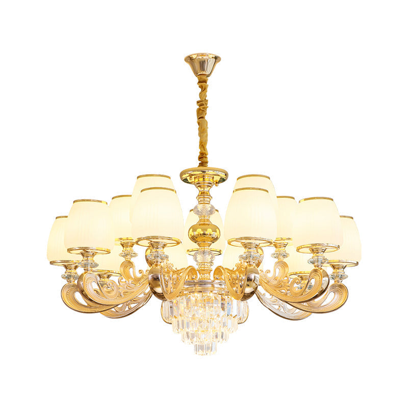 White Frosted Glass Chandelier With Crystal Accent - Classic Pendant Light For Bedroom